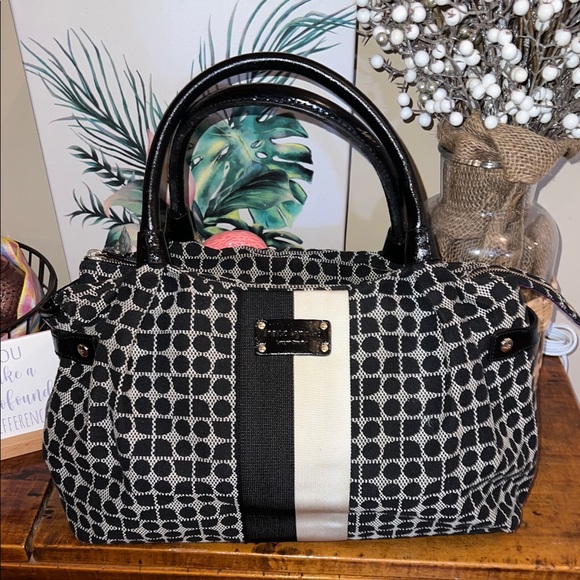 Kate Spade Black and Cream Patterned Satchel  Vibrant Purple Interior - Picture 1 of 11